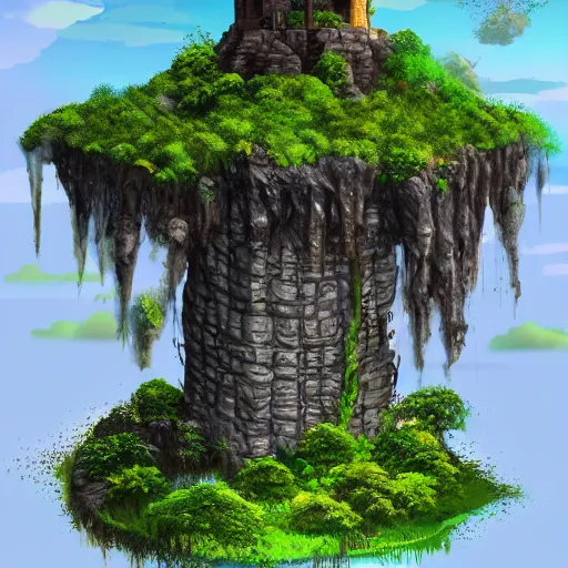 Image similar to Flying island with stone tower and a lot of jungle trees , 8k, detailed, concept art, trending on artstation