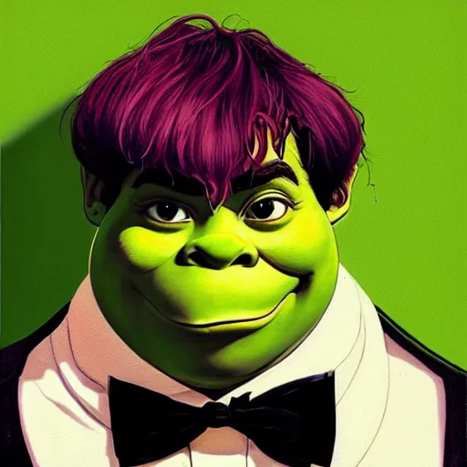 Prompt: prompt : shrek wearing a tuxedo portrait soft light painted by james jean and katsuhiro otomo and erik jones, inspired by akira anime, smooth face feature, intricate oil painting, high detail illustration, sharp high detail, manga and anime 1 9 9 9