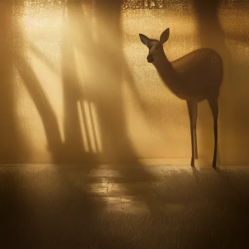 Prompt: a weak shadow of a small deer standing outside a very large industrial building with small windows, golden light, thick mist, backlit, insane details, hyperrealistic photo by jimmy nelson, trending on artstation