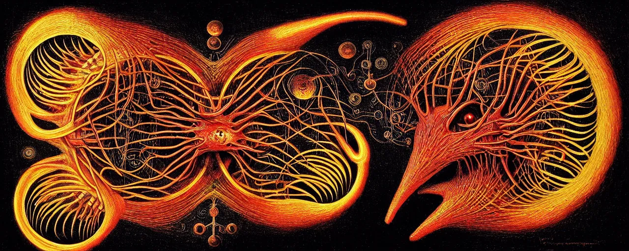 Image similar to a strange fire creature with endearing eyes radiates a unique canto'as above so below'while being ignited by the spirit of haeckel and robert fludd, in the long deep infinite tunnel of the ego - self axis, glory to my soul, in honor of saturn, painted by ronny khalil