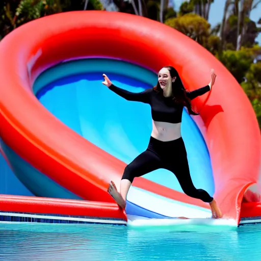 Image similar to 4 k photograph of jacinda ardern riding a waterslide.