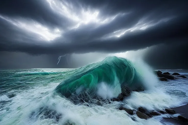 Image similar to beautiful landscape photography by marc adamus, scotland shore, big waves crashing, dramatic lighting, storm