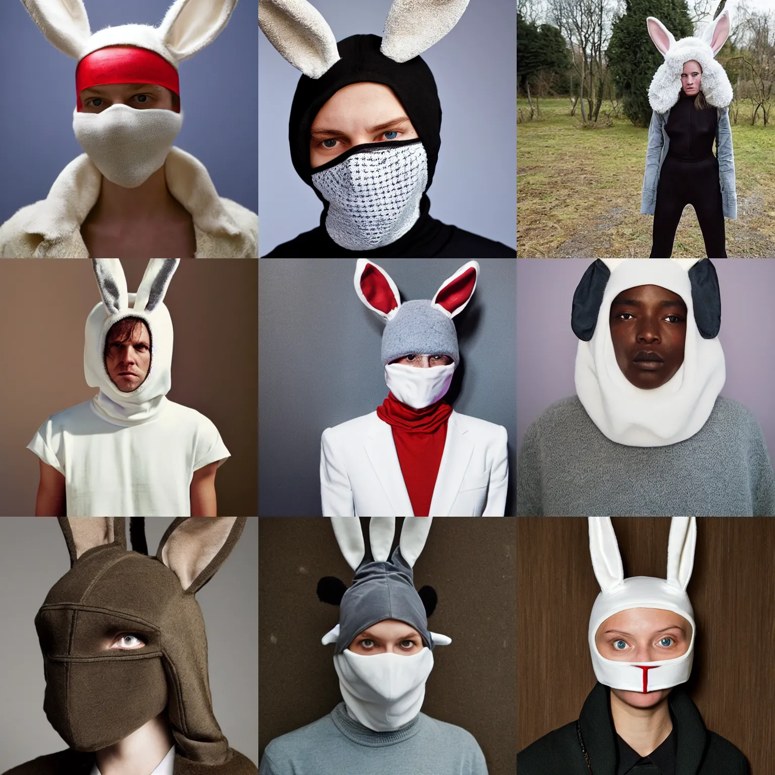 Prompt: Balaclava with bunny ears against a silk backdroup in the style Juergen Teller