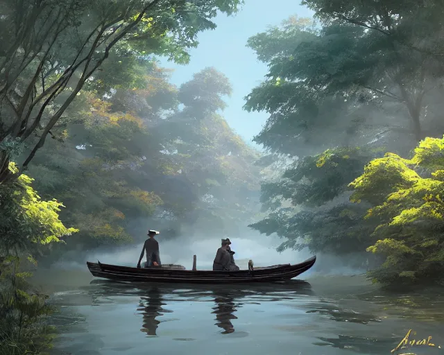 Image similar to one single wooden steam boat in a very narrow river, trees, shady, ripples, reflections. 3 boys and girls are standing in the boat. By Makoto Shinkai, Stanley Artgerm Lau, WLOP, Rossdraws, James Jean, Andrei Riabovitchev, Marc Simonetti, krenz cushart, Sakimichan, trending on ArtStation, digital art.