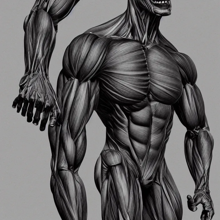 Image similar to monster with gleaming eyes, anatomically accurate model of the full human muscular system, full body, intricate parts, fine details, hyper - realistic
