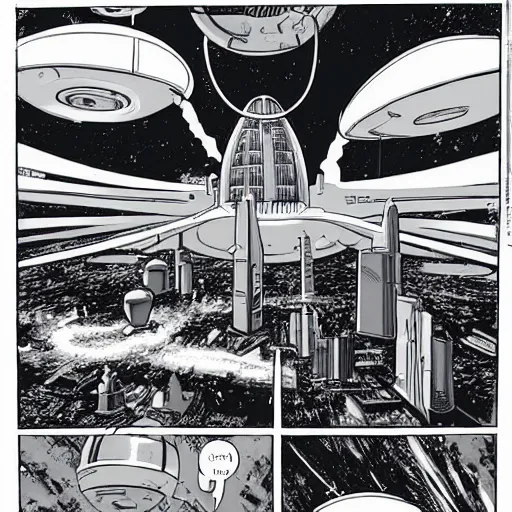 Prompt: a city floating in space, comic gas in the background, dyson sphere