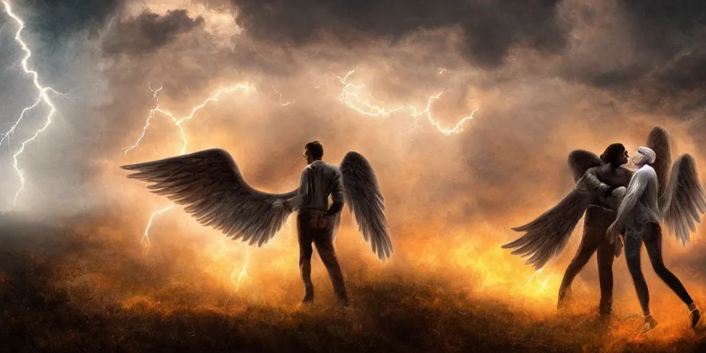 Image similar to young couple falling through clouds, winged angel kissing demon with tail. background clouds, illuminated by lightning and fire. highly detailed. photorealistic