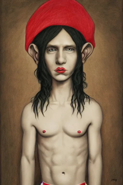 Image similar to multicolor drawing of elf boy with long black hair by mark ryden created at modern world in 4 k ultra high resolution