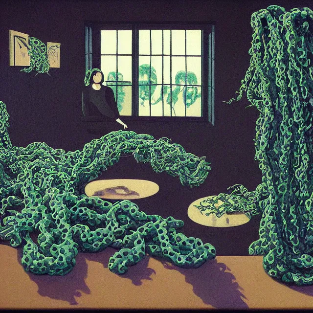 Image similar to a pathology student in her apartment, wrapped in vines, large stones, octopus, black walls, ikebana, black armchair, puddles, moss, acrylic on canvas, surrealist, by magritte and monet