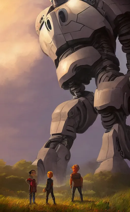 Image similar to iron giant standing near his farm, dynamic lighting, photorealistic fantasy concept art, trending on art station, stunning visuals, creative, cinematic, ultra detailed