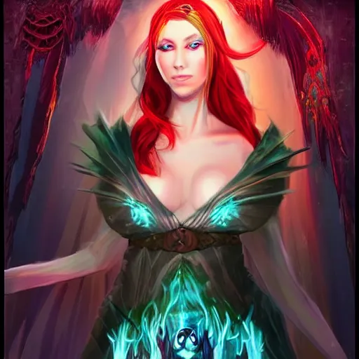 Prompt: beautiful female sorceress, ornately dressed, royalty, dungeons and Dragons, red hair, glowing eyes, realistic