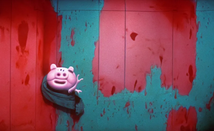 Image similar to peppa the pig infected by xenomorph from movie alien 1 9 7 9, staying at nostromo spaceship. extreme long shot, cinestill, giger, hermann nitsch, dark colors