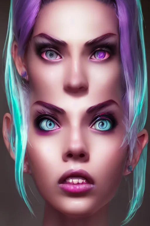 Image similar to ultra realistic facial portrait of jinx from league of legends, digital art, character portrait, highly detailed, trending on artstation, lens flare, atmosphere, hyper realistic, cinematic lightning, sharp focus, unreal engine 5, extreme details perfect face, pretty face, fine - face, illustration, 8 k, ultra texture, masterpiece