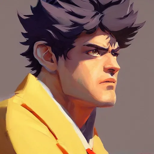 Image similar to greg manchess portrait painting of spike spiegel as overwatch character, totally whack, medium shot, asymmetrical, profile picture, organic painting, sunny day, matte painting, bold shapes, hard edges, street art, trending on artstation, by huang guangjian and gil elvgren and sachin teng