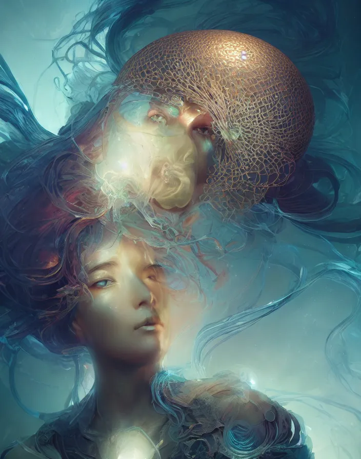 Image similar to goddess portrait. jellyfish phoenix head. intricate artwork by Tooth Wu and wlop and beeple. octane render, trending on artstation, greg rutkowski very coherent symmetrical artwork. cinematic, hyper realism, high detail, octane render, 8k, matte painting, peter mohrbacher, 3d