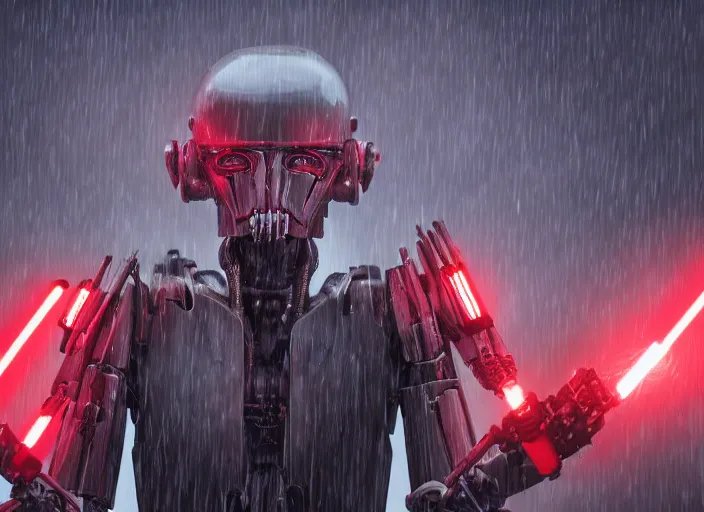 Image similar to portrait photo of general grievous with heavy duty biomechanical cybernetic body with 4 arms holding 4 activated red lightsabers in the rain. cyberpunk horror style.