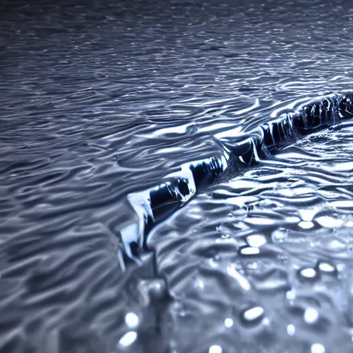 Prompt: Liquid simulation of water through a staircase, water flowing and moving alot , 40nm, shallow depth of field, split lighting, 4k,