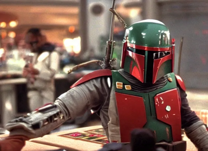 Image similar to film still of Boba Fett gambling in vegas in the Phantom Menace 1999