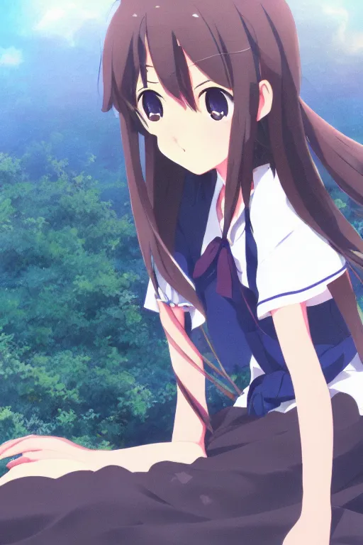 Image similar to An anime high school girl, portrait, full body, Makoto Shinkai, kyoto animation, aniplex, pixiv