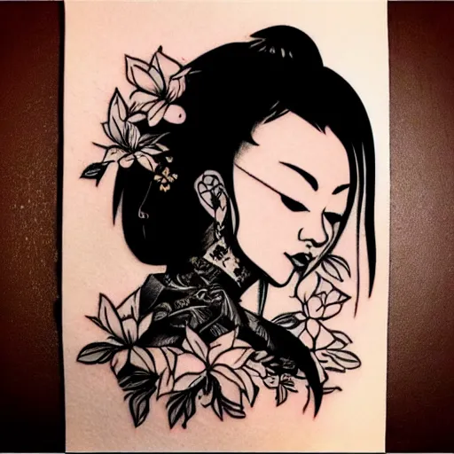 Prompt: tattoo design, stencil, portrait of a japanese girl, fantasy, artgerm