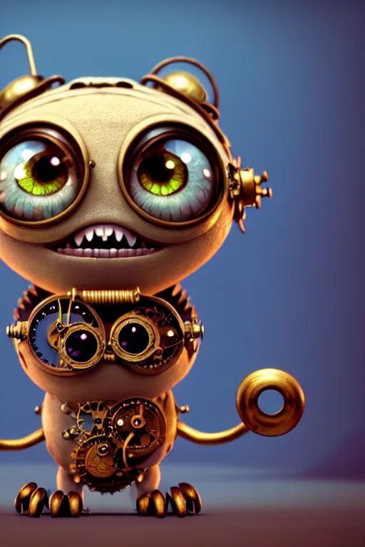 Prompt: a tiny cute steampunk monster with big eyes smiling waving, back view, isometric 3 d, ultra hd, character design by mark ryden pixar hayao miyazaki, unreal 5, daz, hyperrealistic, octane render, cosplay, rpg portrait, dynamic lighting, intricate detail, summer vibrancy, cinematic, symmetrically centered