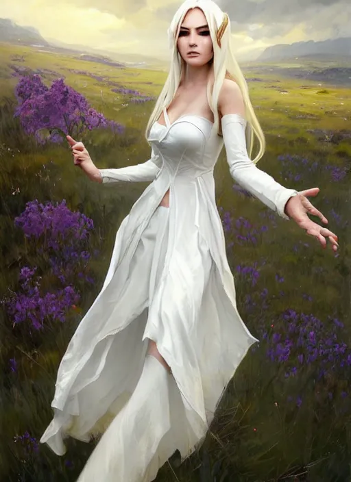 Image similar to portrait of Syndra from League of Legends in white dress, countryside, calm, fantasy character portrait, dynamic pose, above view, sunny day, thunder clouds in the sky, artwork by Jeremy Lipkin and Giuseppe Dangelico Pino and Michael Garmash and Rob Rey, very coherent asymmetrical artwork, sharp edges, perfect face, simple form, 100mm