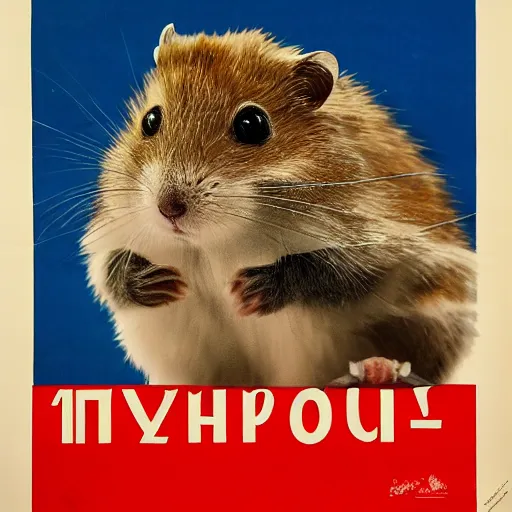 Image similar to a soviet union propaganda poster of a roborovski hamster in a winter hat, detailed, smooth, old, crinkled, red and white colors