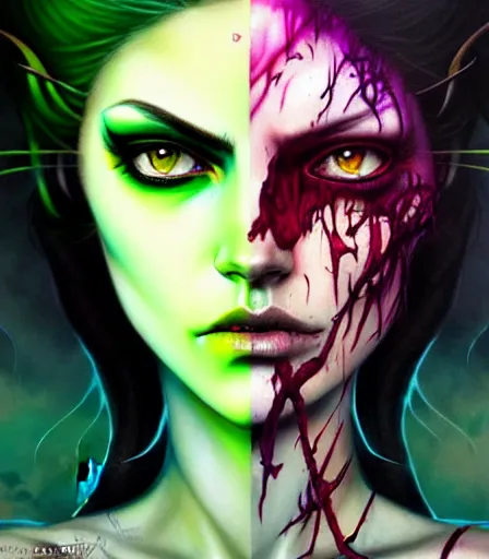 Image similar to a Demon Slayer portrait of Upper Six rank Daki , tall, pale-skinned, and slender woman with lime green eyes and long eyelashes by Stanely Artgerm,Tom Bagshaw,arthur adams,Carne Griffiths,trending on DeviantArt,street art,face enhance,chillwave,maximalist,full of color,glittering