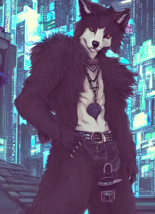 Image similar to character portrait of a male anthro wolf fursona with a tail and a cute beautiful attractive detailed furry face wearing stylish cyberpunk clothes in a cyberpunk city at night while it rains. hidari, color page, tankoban, 4K, tone mapping, Akihiko Yoshida. Nomax, Kenket, Rukis.