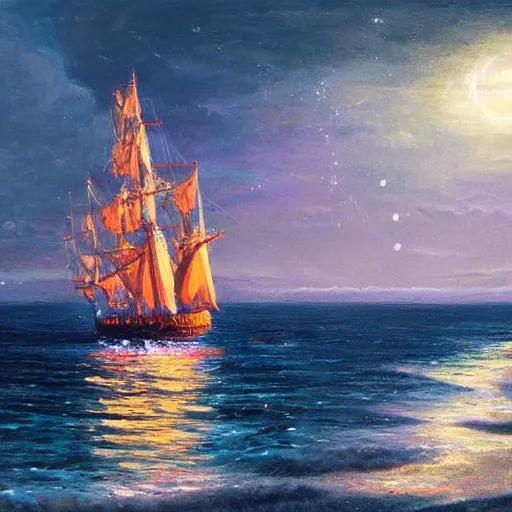 Prompt: a beautiful coastline with an ominous biopunk tower with glowing lights rising in the distance with a sailing ship in the foreground, painting by John Berkley