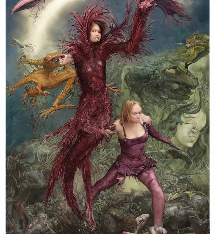 Prompt: a portrait photograph of julia stiles as a colorful harpy super hero with slimy reptile skin. she is trying on a amphibian organic wetsuit and transforming into a feathered alien beast. by tom bagshaw, donato giancola, hans holbein, walton ford, gaston bussiere, peter mohrbacher and brian froud. 8 k, cgsociety