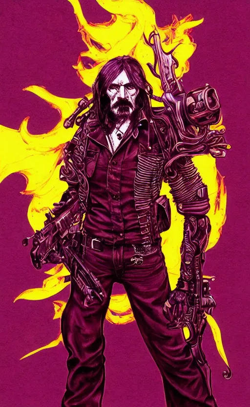 Image similar to full body portrait of lemmy killmeister with a lot of purple smoke!!!, concept art, sumi - e style, intricate linework, artstation, trending, highly detailed, smooth, focus, art by yoji shinkawa and glenn fabry,