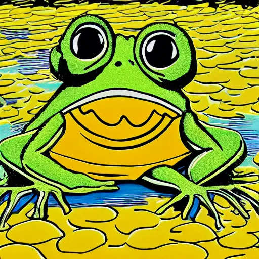Prompt: anthropomorphic frog urinating into yellow ocean