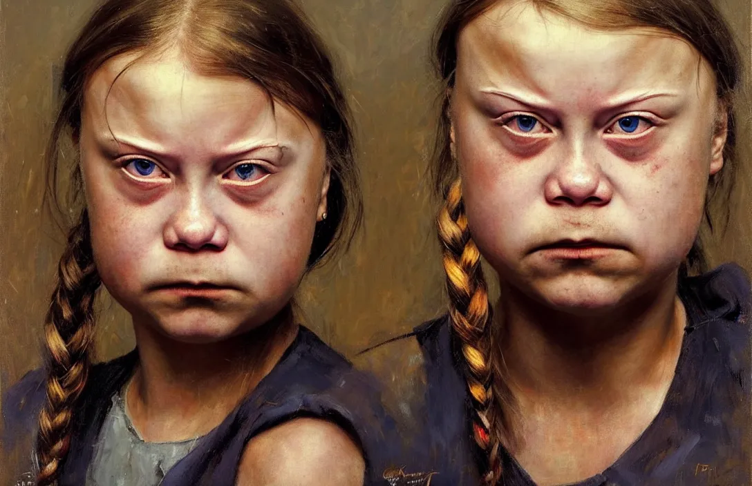 Prompt: portrait of greta thunberg looking angry!!!!!!!!!!!!!!!!!!!!!!!!!!!, detailed face, detailed painting, epic lighting, by ilya repin, phil hale and kent williams