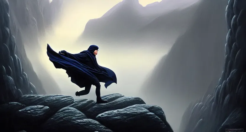 Image similar to handsome mage running away from giant condor, black hair wearing square hooded gothic navy cloak with gold details, misty cliffside, movie action still frame, ultra wide horizon, intricate, elegant, highly detailed, hyperrealism, digital painting, concept art, smooth, sharp, focus, illustration, art by artgerm, greg rutkowski, ilya kuvshinov