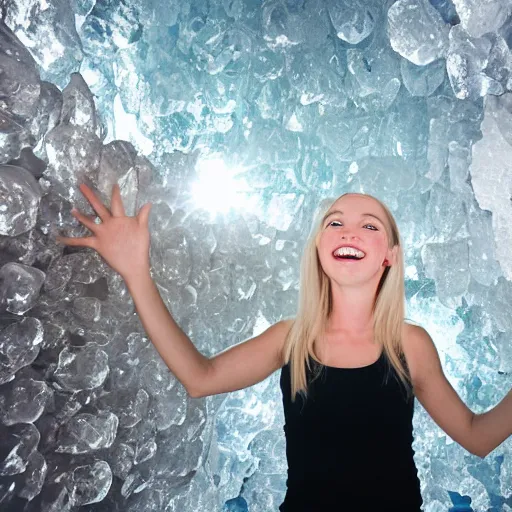 Prompt: happy blonde girl in a beautiful crystal ice cavern