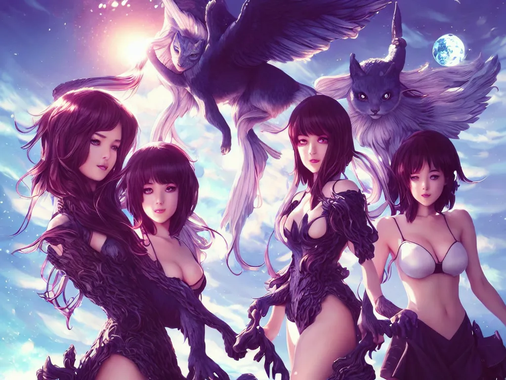 Image similar to lovely summoner girls with their magical animal companions, occlusion shadow, specular reflection, rim light, unreal engine, artgerm, artstation, art by hiroaki samura and ilya kuvshinov and ossdraws, high quality, intricate detailed 8 k, fantasy illustration, extremely beautiful and aesthetic shape of face and body, movie poster