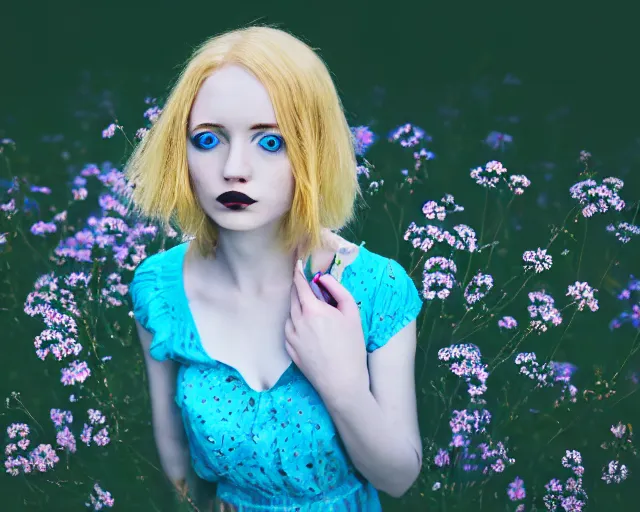 Image similar to pale young woman with bright blonde hair, freckles, blue eyes and a wide face, flowery dress, using a dslr camera, dramatic, surreal art by anna nikonova