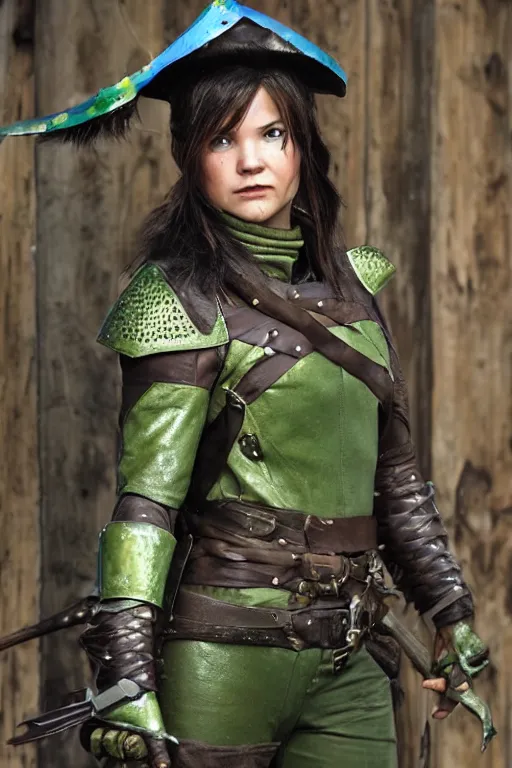 Prompt: fantasy character photo. female ranger. danielle campbell. facial expression of manic obsessive love. tall, lanky, athletic, wiry. brown dark forestgreen leather armor. little feathered hat, lightgreen, jauntily angled. black hair in ponytail. bright blue eyes. leaning against the exterior wall of a tavern