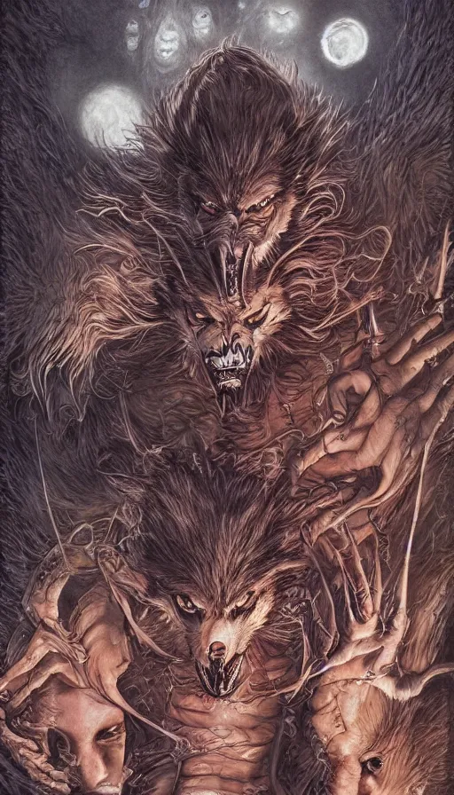 Image similar to Werewolf in London, by Ayami Kojima, studio ghibli, cinematic lighting, intricate, highly detailed, digital painting, trending on artstation, Illustration, epic scale