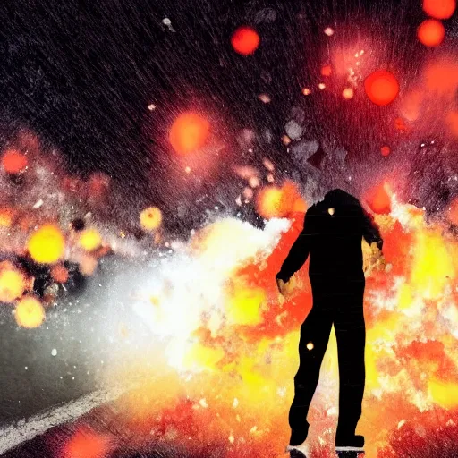 Image similar to man hitting the ground creating a explosion, anime, album cover, rain