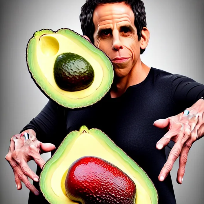 Image similar to ultra realistic illustration of ben stiller in the lotus position balancing stack of avocado on his head