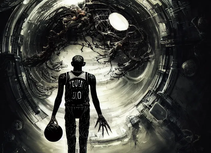 Image similar to a mysterious translucent space alien, basketball player, sleevless jersey, eerie shimmering surroundings, concept art, intricate, detailed, award - winning, cinematic, octane render, 8 k, photorealistic, by tsutomu nihei and emil melmoth and gustave dore and craig mullins and yoji shinkawa