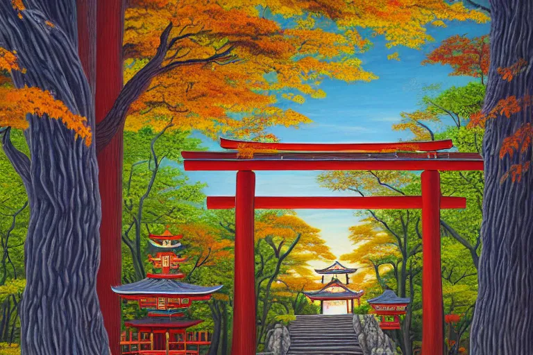 Prompt: a painting in the style of rob gonsalves of a beautiful large shinto shrine with a torii in a natural setting, soft lighting, seasonal weather, in new york city