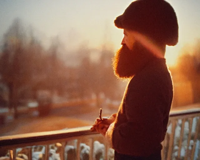 Image similar to lomo photo of 4 0 years russian man with beard and sweater standing on small hrushevka balcony full with cigarette smoke in small russian town looking at sunset, film still, atmospheric, cinestill, bokeh