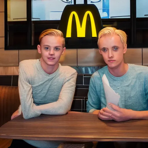 Prompt: Two different people sitting at a booth in McDonalds, one of the people is Draco Malfoy, the other character is Eddie Munson, McDonalds interior background, photo