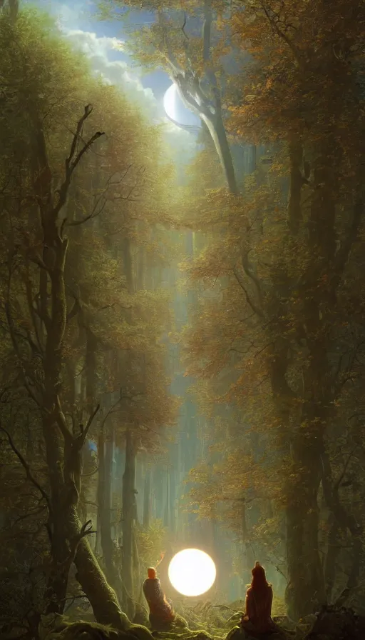 Image similar to A mythical person viewing at a solar eclipse from a primordial forest. Highly detailed, digital painting, artstation, concept art, sharp focus, illustration, art by Jan Brueghel the Elder, greg rutkowski and alphonse mucha.