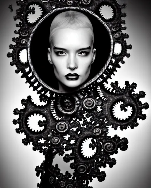 Image similar to surreal black and white photo portrait of complex biomechanical young female cyborg with a mandelbrot fractal metal fine lace face, silver hair, 150 mm lens, soft rim light, fine metal floral foliage super big lace collar, Alexander McQueen, high fashion, haute couture, rococo, steampunk, silver filigree details, anatomical, facial muscles, cable wires, microchip, elegant, hyper realistic, octane render, unreal engine, by Man Ray and Dora Maar, volumetric lighting, 8k,