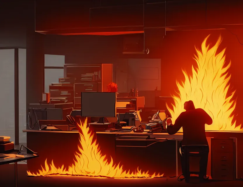 Prompt: a man works at a workstation in a very big office with burning fires, close up, featured in artstation, intricate, ultra detailed, unreal engine, concept art, wide - angle lens, sharp focus, illustration, 8 k