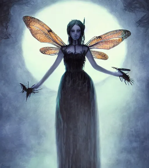 Image similar to gothic fairy with dragonfly wings, digital painting, liminal eerie midnight backlit, a picture taken by Michael Komarck